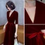 Elegant Burgundy Suede Evening Dresses  2021 A-Line / Princess V-Neck Bow 1/2 Sleeves Floor-Length / Long Evening Party Formal Dresses
