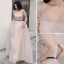 Charming Blushing Pink Pearl Prom Dresses 2021 A-Line / Princess Square Neckline Short Sleeve Backless Floor-Length / Long Formal Dresses