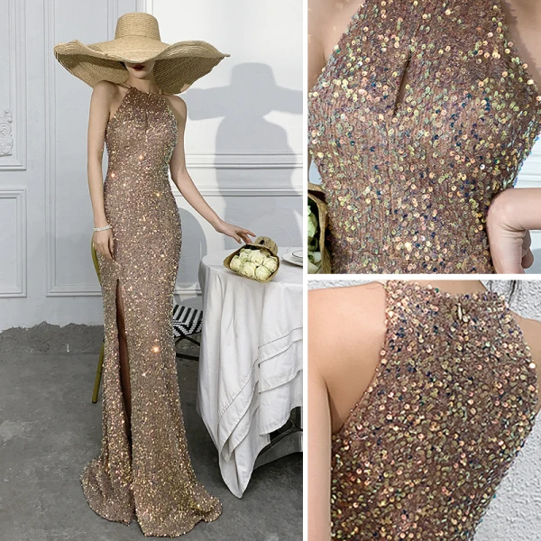 Sparkly Gold Trumpet / Mermaid Evening Dresses  2021 Scoop Neck Sequins Sleeveless Floor-Length / Long Evening Party Formal Dresses