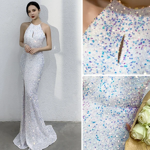Glitzernden Ivory / Creme Pailletten Abendkleider 2021 Meerjungfrau Rundhalsausschnitt Ärmellos Sweep / Pinsel Zug Abend Festliche Kleider