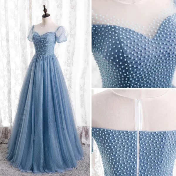 Charming Pool Blue Beading Prom Dresses 2021 A-Line / Princess Scoop Neck Short Sleeve Floor-Length / Long Formal Dresses