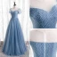 Charming Pool Blue Beading Prom Dresses 2021 A-Line / Princess Scoop Neck Short Sleeve Floor-Length / Long Formal Dresses