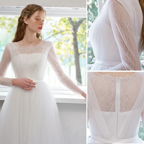 Simple Ivoire Robe De Mariée 2021 Princesse Encolure Dégagée Noeud En Dentelle Fleur Manches Longues Tribunal Train Mariage