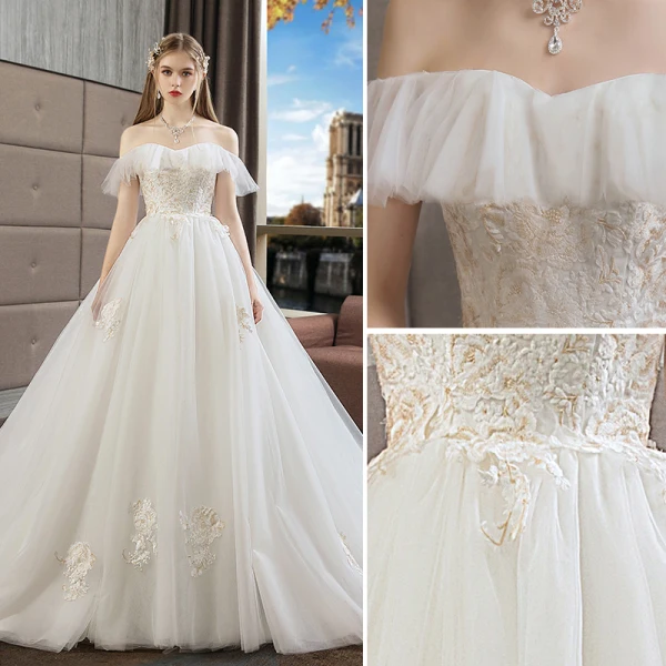Elegant Ivory Wedding Dresses 2019 A-Line / Princess Organza Lace Flower Off-The-Shoulder Backless Short Sleeve Cathedral Train