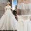 Elegant Ivory Wedding Dresses 2019 A-Line / Princess Organza Lace Flower Off-The-Shoulder Backless Short Sleeve Cathedral Train