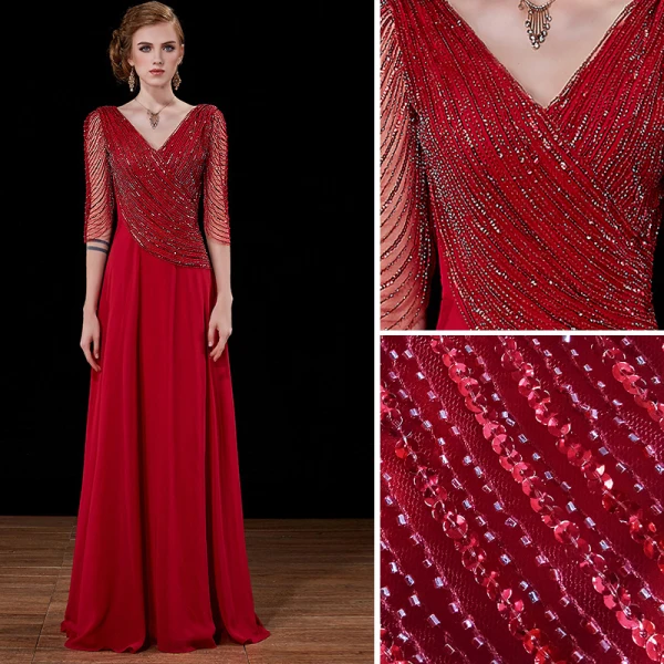 Luxury / Gorgeous Burgundy Handmade Beading Evening Dresses 2019 A-Line / Princess Sequins V-Neck Backless 3/4 Sleeve Floor-Length / Long Formal Dresses