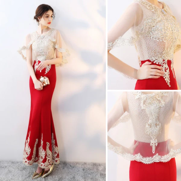 Chic / Beautiful Red With Shawl Evening Dresses 2019 Trumpet / Mermaid Beading Rhinestone Lace Flower Scoop Neck Sleeveless Ankle Length Formal Dresses