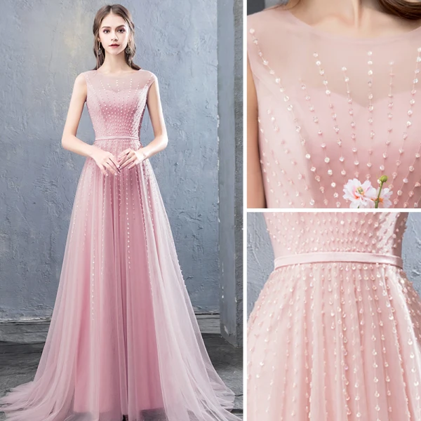 Chic / Belle Rose Bonbon Robe De Soirée 2018 Princesse Perlage Paillettes Encolure Dégagée Sans Manches Train De Balayage Robe De Ceremonie
