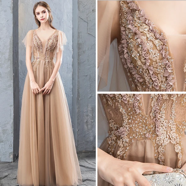 Elegant Champagne Evening Dresses  2019 A-Line / Princess Lace Flower Appliques Rhinestone Sequins V-Neck Short Sleeve Backless Floor-Length / Long Formal Dresses