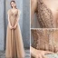 Elegant Champagne Evening Dresses  2019 A-Line / Princess Lace Flower Appliques Rhinestone Sequins V-Neck Short Sleeve Backless Floor-Length / Long Formal Dresses