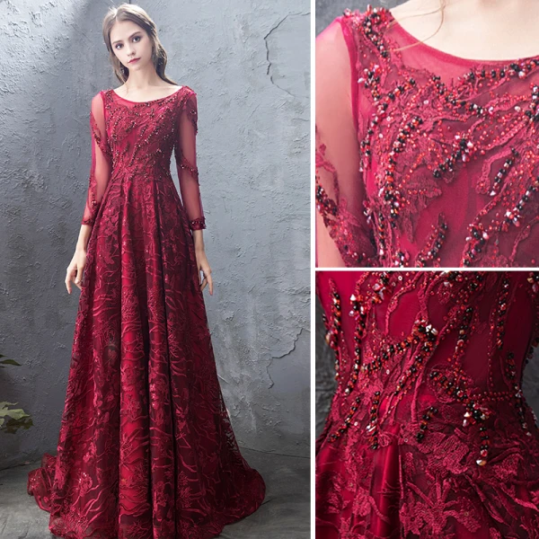 Luxury / Gorgeous Burgundy Evening Dresses  2019 A-Line / Princess Lace Beading Crystal Sequins Scoop Neck Backless 3/4 Sleeve Court Train Formal Dresses