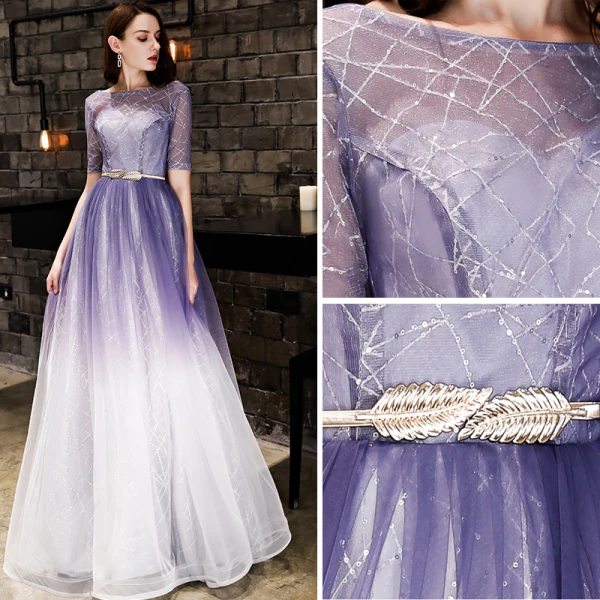 Modern / Fashion Gradient-Color Evening Dresses  2019 A-Line / Princess Beading Sequins Metal Sash Scoop Neck Short Sleeve Backless Floor-Length / Long Formal Dresses