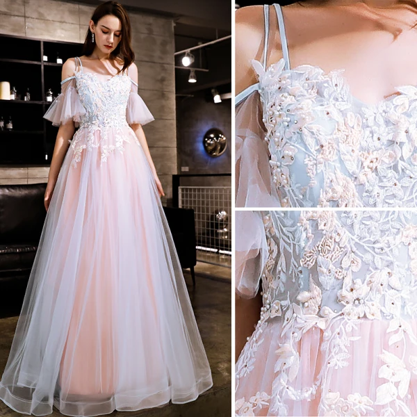Élégant Rougissant Rose Robe De Soirée 2019 Princesse Appliques En Dentelle Perlage Faux Diamant Bretelles Spaghetti Dos Nu Manches Courtes Longue Robe De Ceremonie