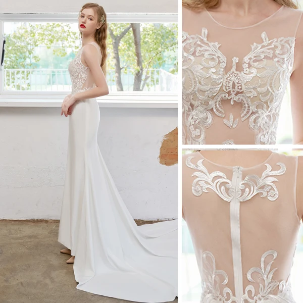 Proste / Simple Kość Słoniowa Suknie Ślubne 2021 Syrena / Rozkloszowane Wycięciem Z Koronki Kwiat Bez Rękawów Bez Pleców Trenem Sąd Ślub