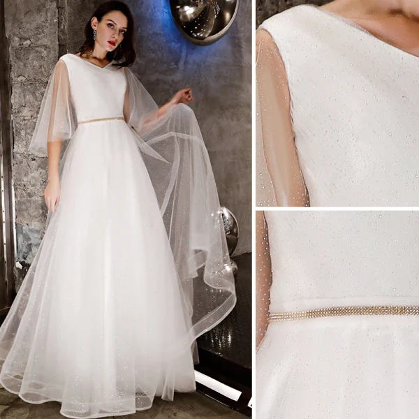 Modern / Fashion Ivory Evening Dresses 2019 A-Line / Princess Rhinestone Sash Glitter V-Neck Backless 1/2 Sleeves Floor-Length / Long Formal Dresses