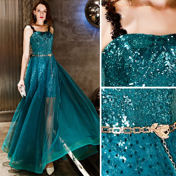 Charmant Bleu D'encre Robe De Soirée 2019 Princesse Tachetée Métal Ceinture Paillettes En Dentelle Bretelles Spaghetti Sans Manches Dos Nu Longue Robe De Ceremonie