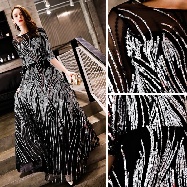 Sparkly Black Evening Dresses  2019 A-Line / Princess Sequins Scoop Neck 1/2 Sleeves Floor-Length / Long Formal Dresses
