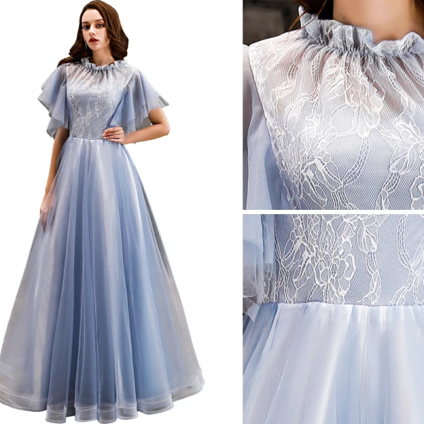 Vintage / Retro Sky Blue Prom Dresses 2019 A-Line / Princess Lace Scoop Neck Backless Short Sleeve Floor-Length / Long Formal Dresses