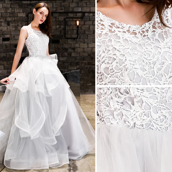 Chic / Beautiful White Prom Dresses 2019 A-Line / Princess Lace Cascading Ruffles Scoop Neck Backless Sleeveless Floor-Length / Long Formal Dresses