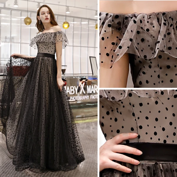 Elegant Black Spotted Prom Dresses 2019 A-Line / Princess Off-The-Shoulder Short Sleeve Backless Floor-Length / Long Formal Dresses