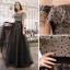 Elegant Black Spotted Prom Dresses 2019 A-Line / Princess Off-The-Shoulder Short Sleeve Backless Floor-Length / Long Formal Dresses