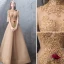 Elegant Gold Evening Dresses  2019 A-Line / Princess Lace Beading Crystal High Neck Backless 1/2 Sleeves Floor-Length / Long Formal Dresses