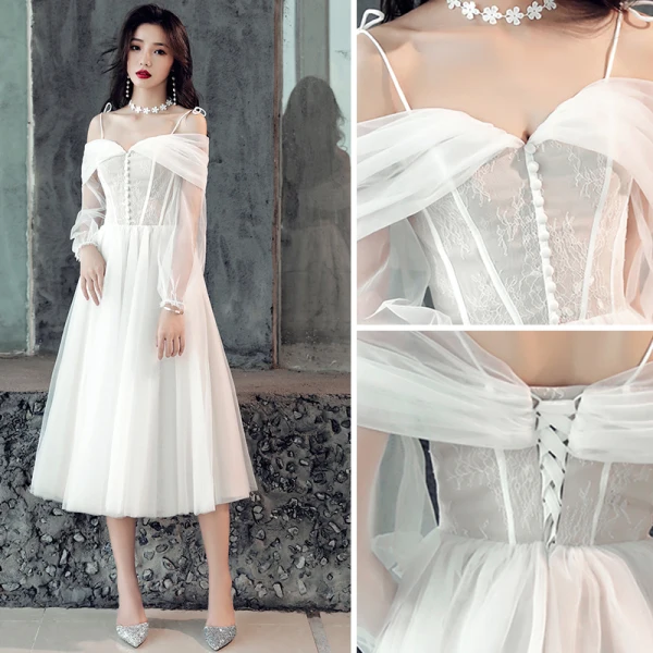 Elegant White Wedding Dresses 2019 A-Line / Princess Lace Spaghetti Straps Backless 3/4 Sleeve Tea-length