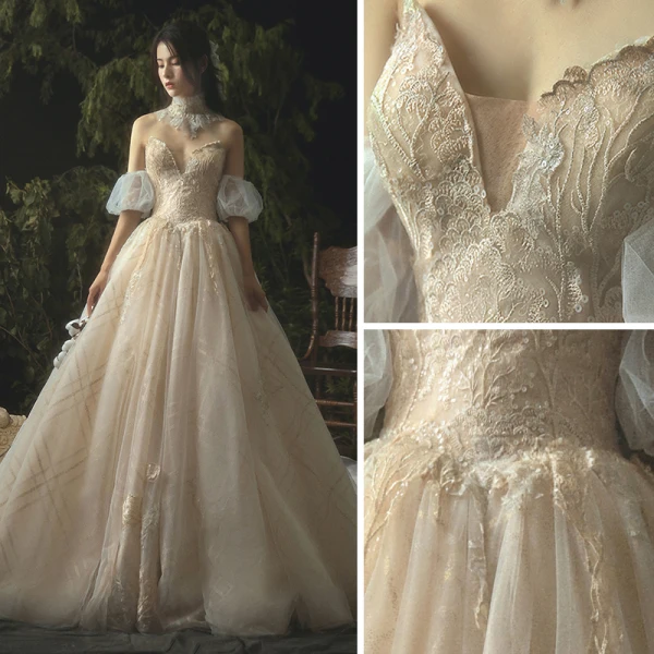 Luxury / Gorgeous Champagne Wedding Dresses 2019 A-Line / Princess Lace Beading Crystal Strapless Backless Sleeveless Cathedral Train