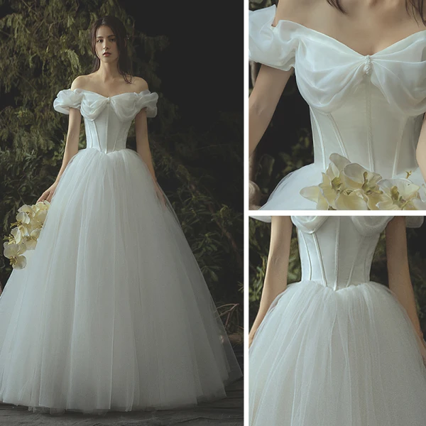 Elegant Ivory Corset Wedding Dresses 2019 A-Line / Princess Off-The-Shoulder Short Sleeve Backless Floor-Length / Long