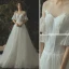 Elegant Ivory Wedding Dresses 2019 A-Line / Princess Lace Pearl Scoop Neck 1/2 Sleeves Cathedral Train