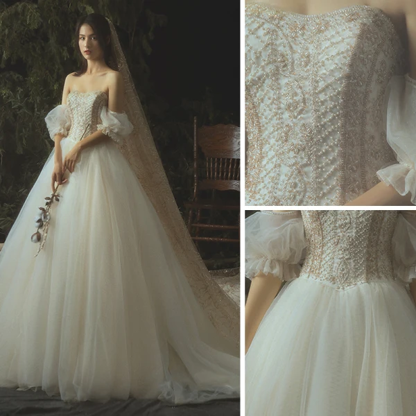 Luxury / Gorgeous Champagne Wedding Dresses 2019 A-Line / Princess Beading Pearl Strapless Backless Sleeveless Cathedral Train
