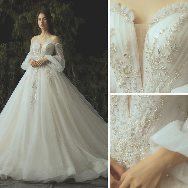 Luxury / Gorgeous Ivory Wedding Dresses 2019 Ball Gown Lace Flower Beading Crystal Sequins Strapless Long Sleeve Backless Royal Train