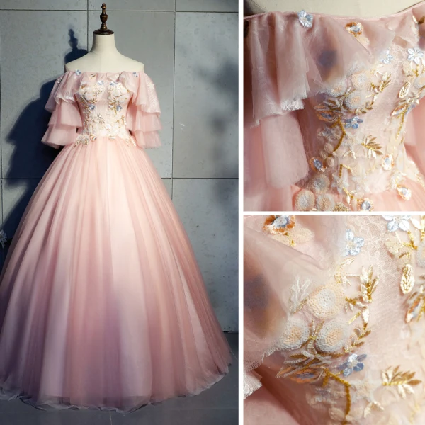 Chic / Beautiful Pearl Pink Prom Dresses 2019 Ball Gown Appliques Lace Off-The-Shoulder 1/2 Sleeves Backless Floor-Length / Long Formal Dresses
