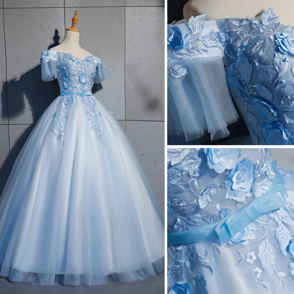 Elegant Sky Blue Prom Dresses 2019 Ball Gown Lace Appliques Bow Off-The-Shoulder Backless Short Sleeve Floor-Length / Long Formal Dresses