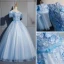 Elegant Sky Blue Prom Dresses 2019 Ball Gown Lace Appliques Bow Off-The-Shoulder Backless Short Sleeve Floor-Length / Long Formal Dresses