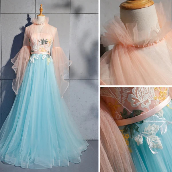 Unique Bleu Robe De Soirée 2019 Princesse En Dentelle Perle Paillettes Col Haut Manches Longues Dos Nu Longue Robe De Ceremonie