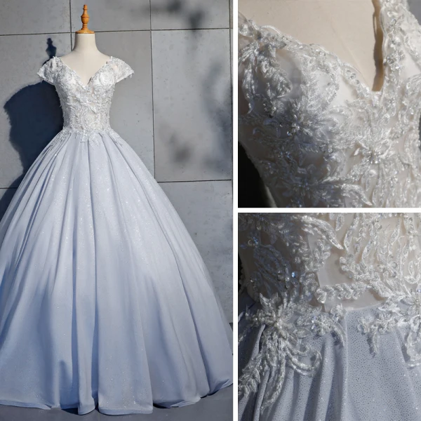 Elegant Silver Prom Dresses 2019 Ball Gown Lace Beading Pearl Sequins V-Neck Backless Short Sleeve Floor-Length / Long Formal Dresses