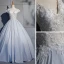 Elegant Silver Prom Dresses 2019 Ball Gown Lace Beading Pearl Sequins V-Neck Backless Short Sleeve Floor-Length / Long Formal Dresses