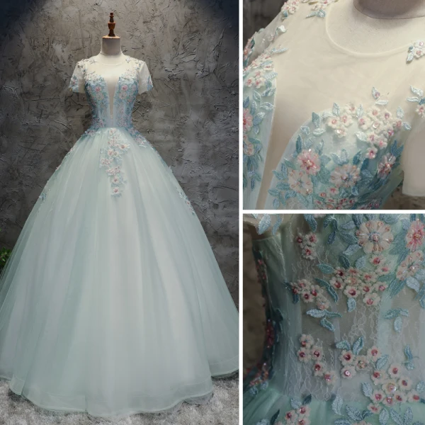 Schöne Himmelblau Ballkleider 2019 Ballkleid Spitze Perle Pailletten Rundhalsausschnitt Rückenfreies Kurze Ärmel Lange Festliche Kleider