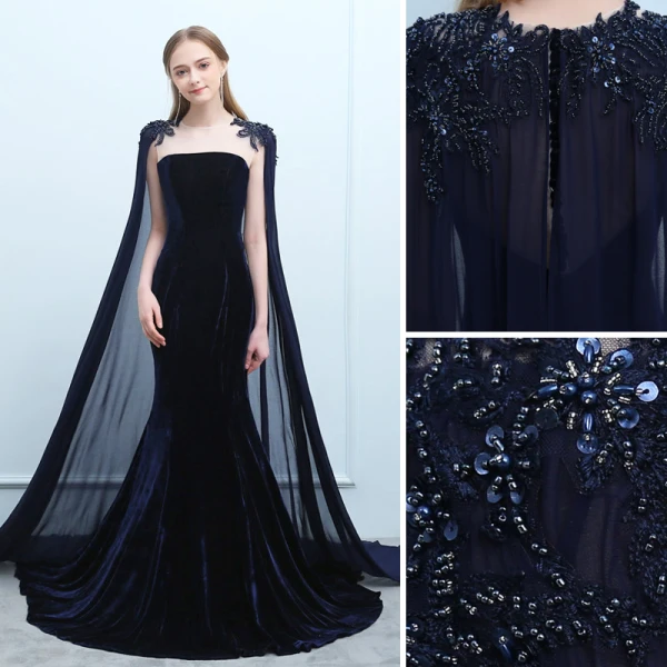 Modern / Fashion Navy Blue Evening Dresses  2019 Trumpet / Mermaid Suede Beading Sequins Scoop Neck Sleeveless Watteau Train Formal Dresses