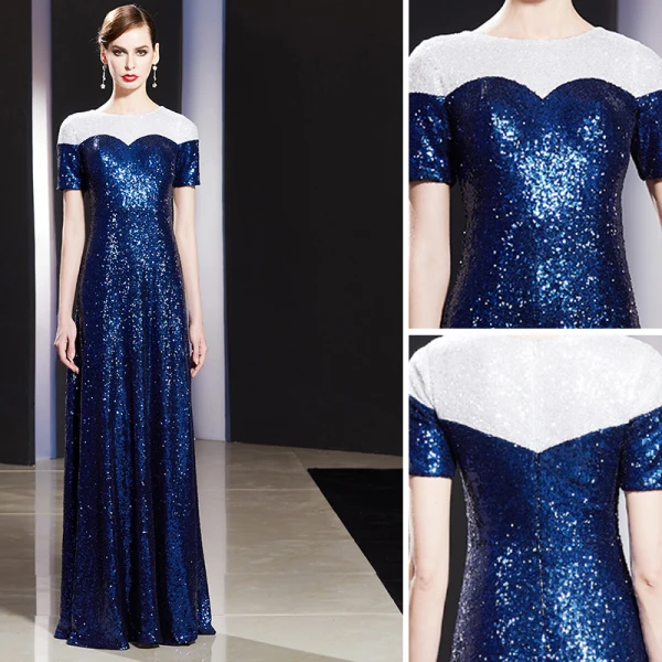 Sparkly Royal Blue Evening Dresses 2019 A-Line / Princess Sequins Scoop Neck Short Sleeve Floor-Length / Long Formal Dresses
