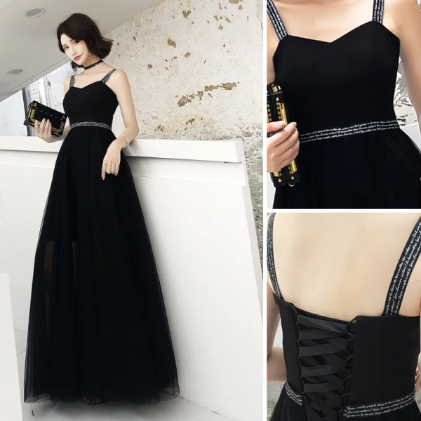 Modern / Fashion Black Evening Dresses 2019 A-Line / Princess Spaghetti Straps Sleeveless Backless Floor-Length / Long Formal Dresses
