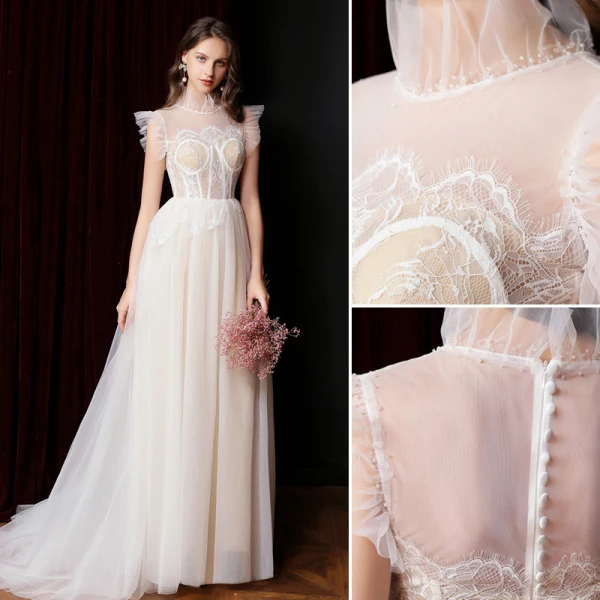 Vintage / Retro Champagne Lace Flower Prom Dresses Wedding Dresses 2021 A-Line / Princess High Neck Sleeveless Sweep Train Formal Dresses