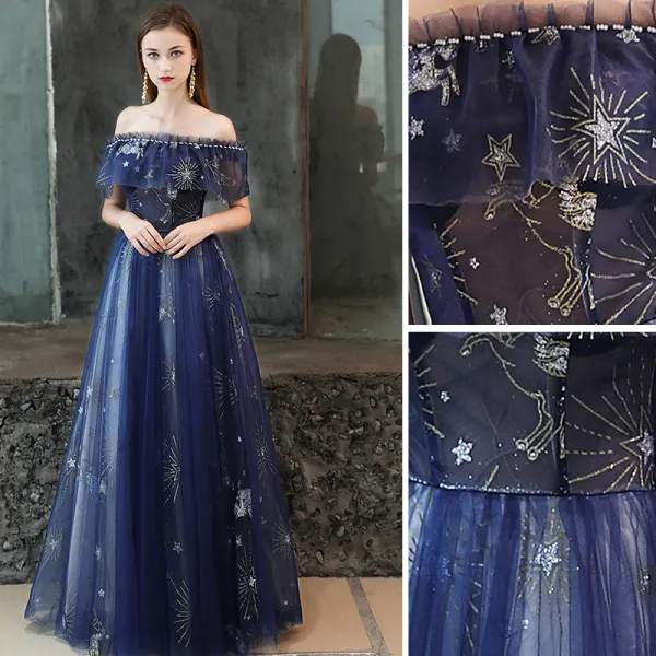 Modern Fashion Royal Blue Evening Dresses 2019 A Line Princess Beading Glitter Sequins Off The Shoulder Backless Short Sleeve Floor Length Long Formal Dresses