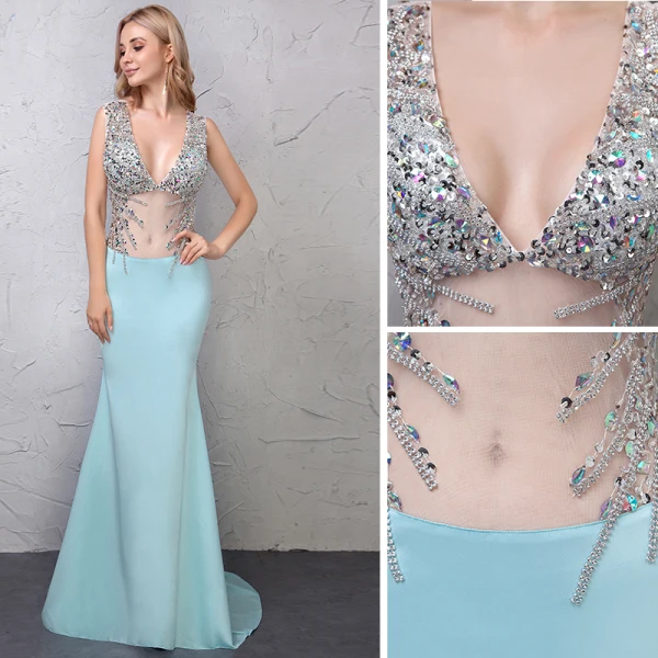 Sexy Bleu Robe De Soirée 2019 Trompette / Sirène Transparentes Paillettes Faux Diamant V-Cou Dos Nu Sans Manches Train De Balayage Robe De Ceremonie