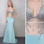 Sexy Bleu Robe De Soirée 2019 Trompette / Sirène Transparentes Paillettes Faux Diamant V-Cou Dos Nu Sans Manches Train De Balayage Robe De Ceremonie