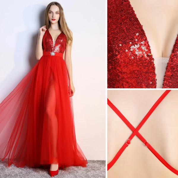 Sexy Black Evening Dresses 2019 A-Line / Princess Rhinestone Sequins V-Neck Sleeveless Plunging Cross-Back Backless Floor-Length / Long Formal Dresses