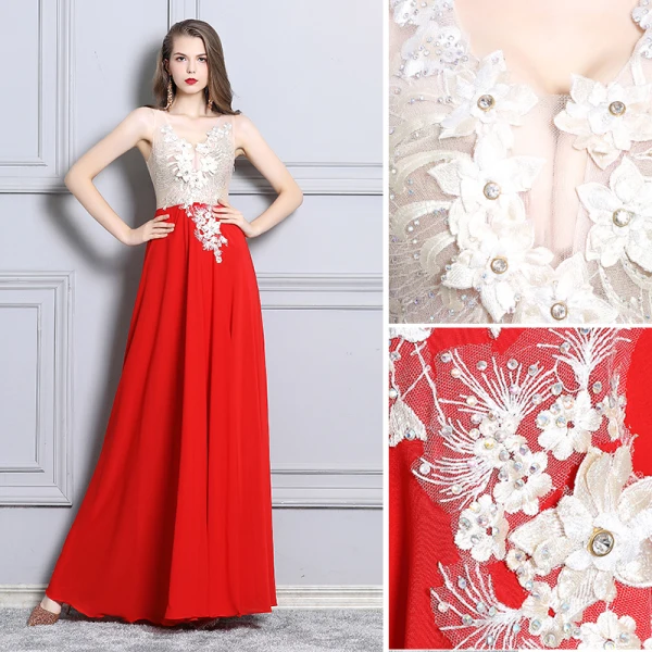 Sexy Rouge Robe De Soirée 2019 Princesse Appliques En Dentelle Faux Diamant V-Cou Sans Manches Dos Nu Fendue devant Longue Robe De Ceremonie