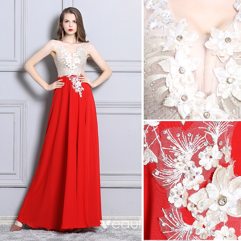 Sexy Lace V-Neck Sleeveless Long Princess Evening Dress