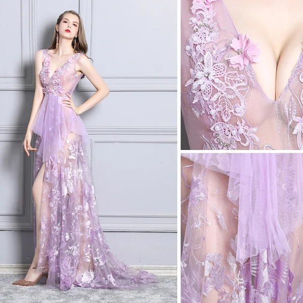 Sexy Lila Cocktailkleider 2019 Durchsichtige Spitze Strass V-Ausschnitt Ärmellos Rückenfreies Sweep / Pinsel Zug Festliche Kleider